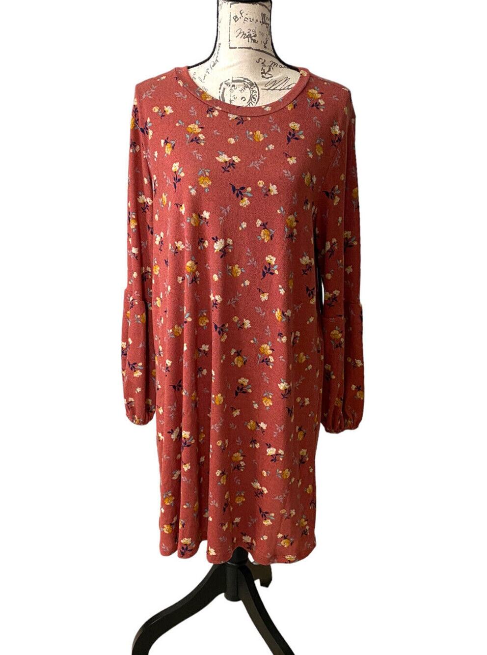 As U Wish Women’s Plus Size Burnt Orange Floral Puff Long Sleeve Dress 0X NWT